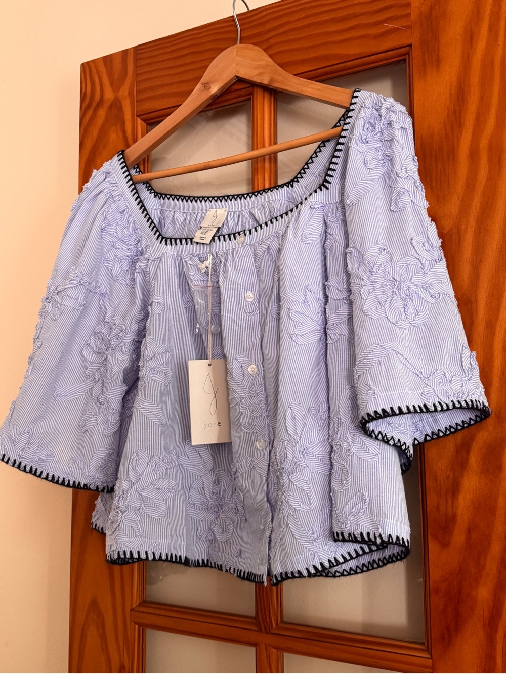 Joie Light Blue Floral Embroidered Button-Front Peasant Blouse with Black Trim
